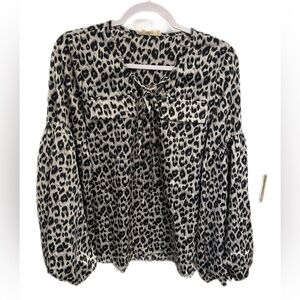 Entro- V Neck Silky Animal Print Blouse w/ Balloon Sleeves